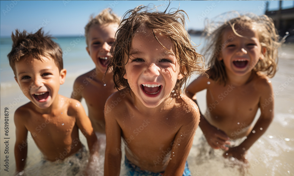 Happy kids fun with ocean summer time