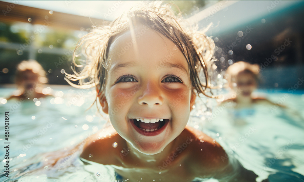 Young children enjoying swimming lessons in pool.