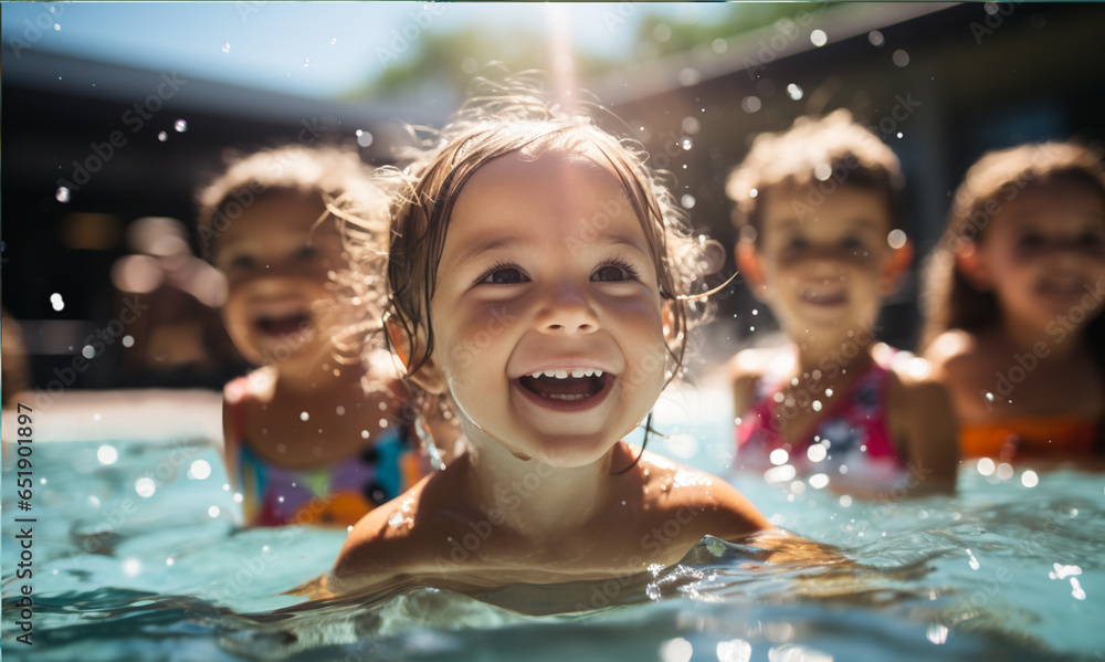 Young children enjoying swimming lessons in pool.