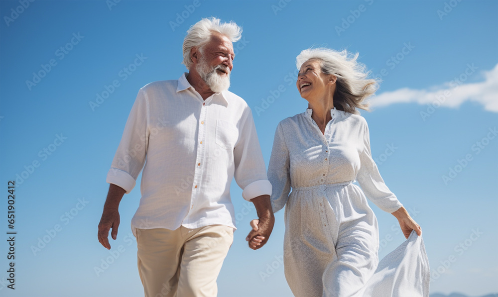 Happy senior couple walking and holding hand under blue sky. Retirement travel concept