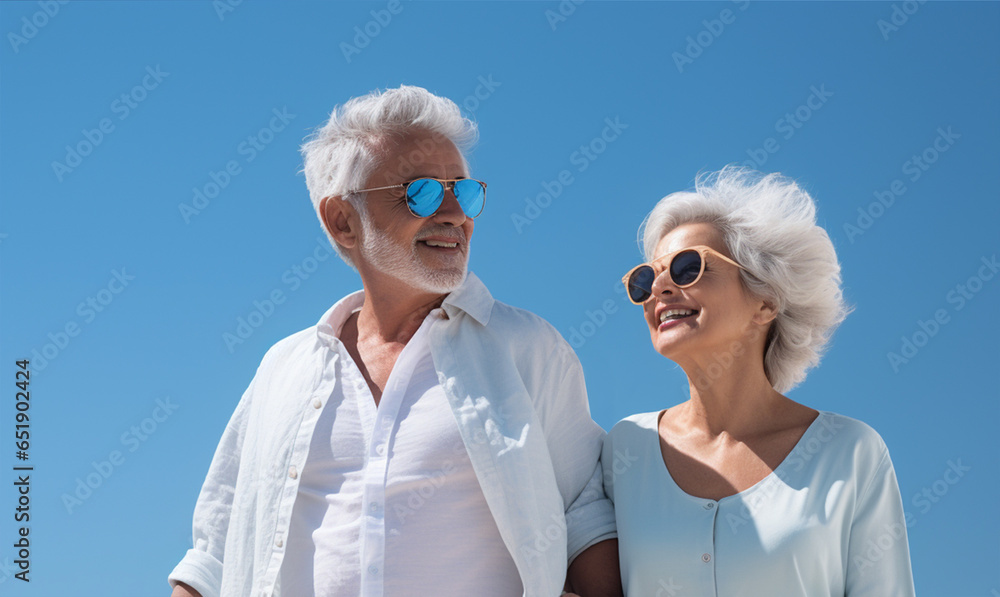 Happy senior couple walking and holding hand under blue sky. Retirement travel concept