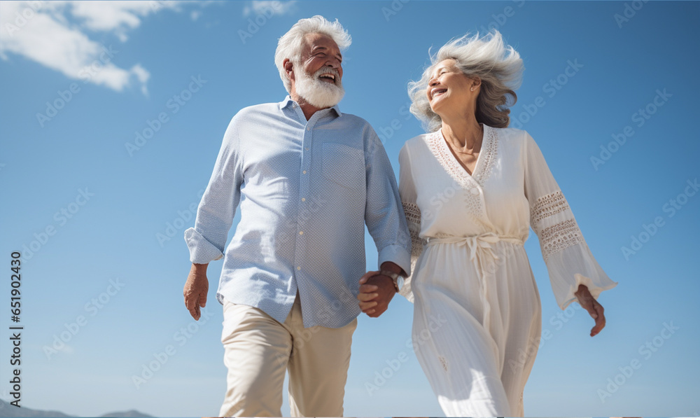 Happy senior couple walking and holding hand under blue sky. Retirement travel concept