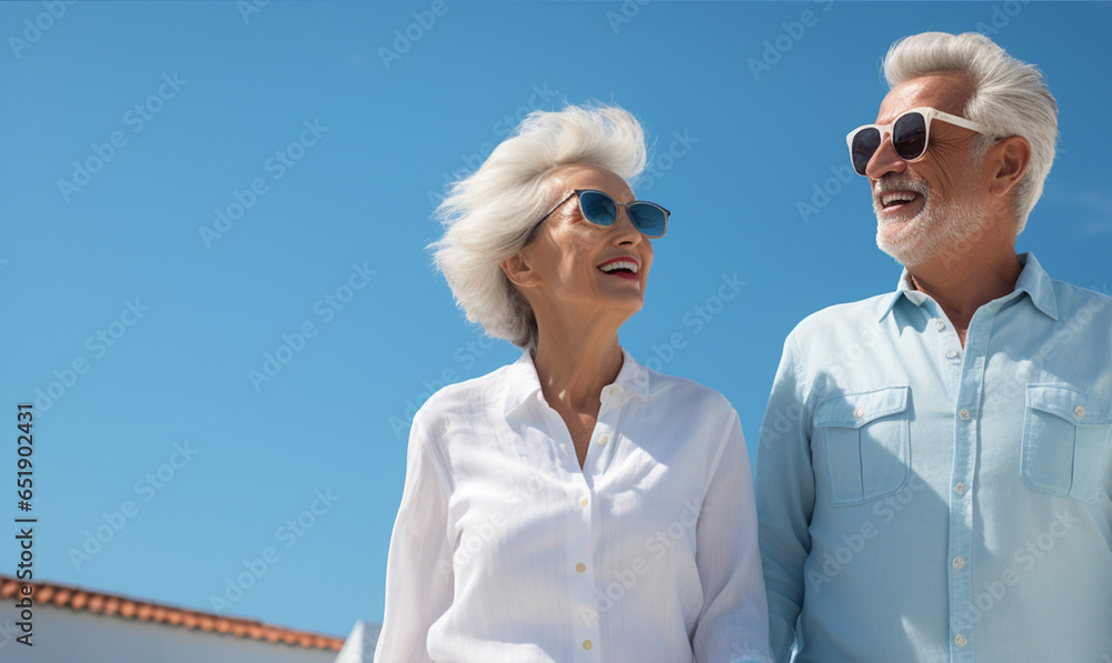 Happy senior couple walking and holding hand under blue sky. Retirement travel concept