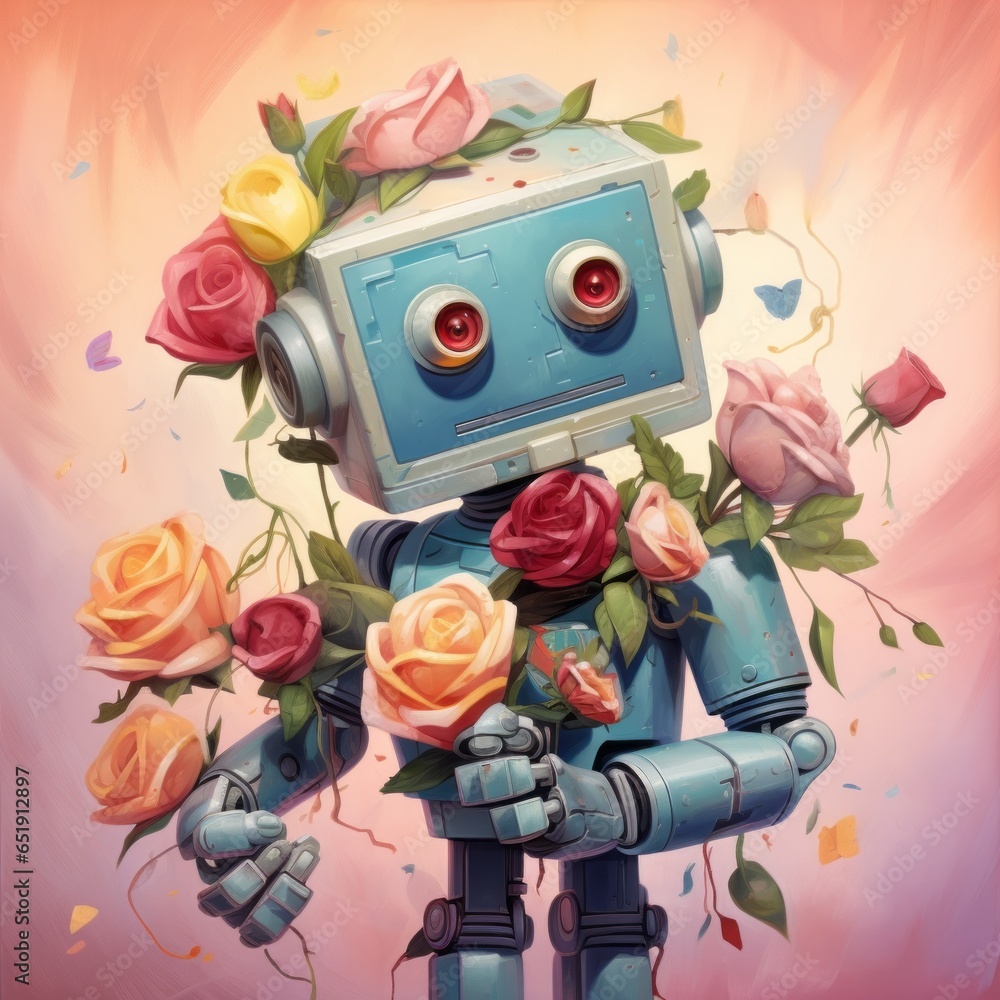 On a futuristic robot, a vibrant array of roses and other flowers adorn its back, celebrating the joy of the new year and creating a whimsical atmosphere of love and delight