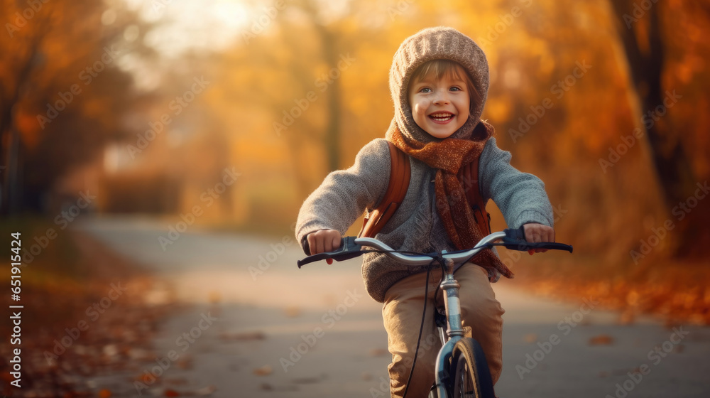 A cheerful child boy riding a bicycle for the first time. Generative Ai