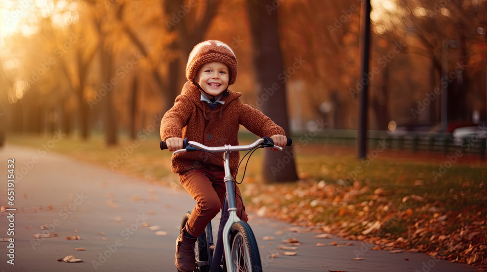 A cheerful child boy riding a bicycle for the first time. Generative Ai