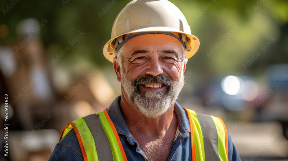 A smiling man working on a construction site, construction hard hat and work vest. middle aged. Generative Ai