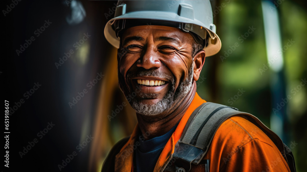 A smiling man working on a construction site, construction hard hat and work vest. middle aged. Generative Ai