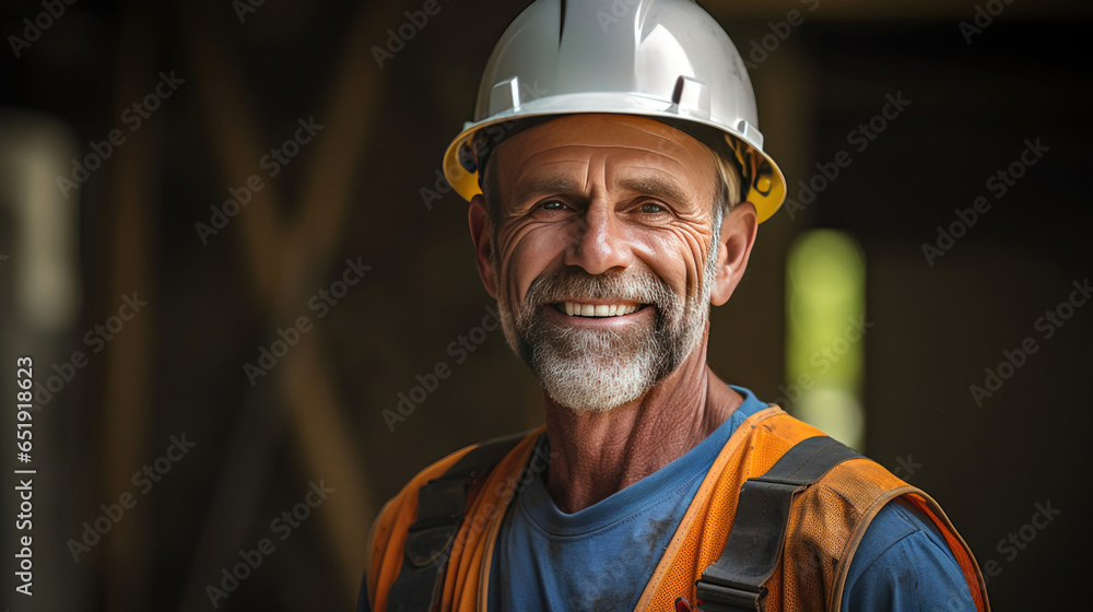 A smiling man working on a construction site, construction hard hat and work vest. middle aged. Generative Ai