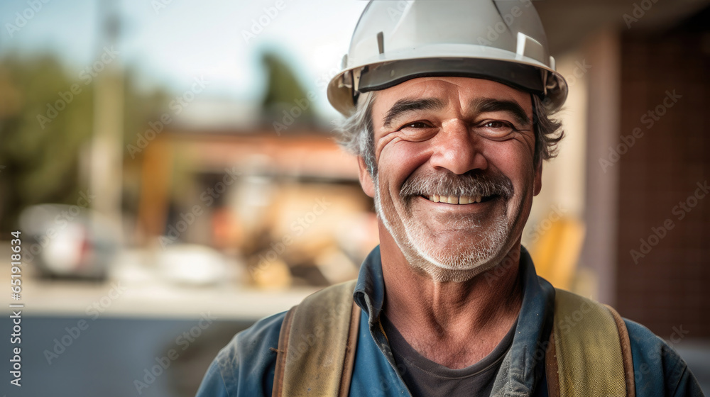 A smiling man working on a construction site, construction hard hat and work vest. middle aged. Generative Ai