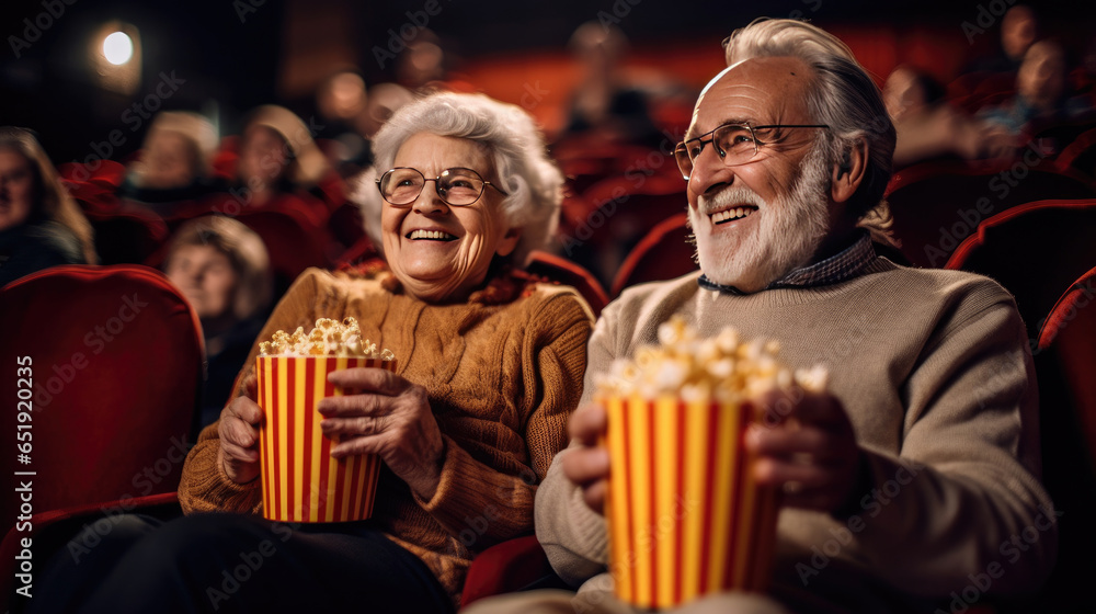 Cheerful senior couple with popcorn at cinema. elderly people. Generative Ai