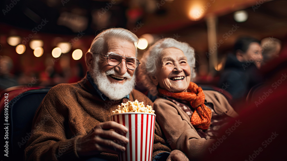 Cheerful senior couple with popcorn at cinema. elderly people. Generative Ai