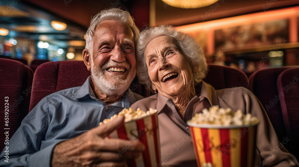 Cheerful senior couple with popcorn at cinema. elderly people. Generative Ai