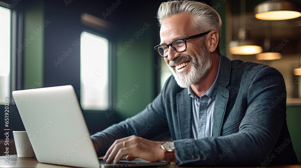 Happy mature businessman executive manager looking at laptop computer having remote virtual meeting. Generative Ai