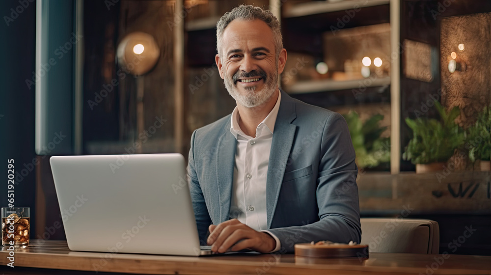 Happy mature businessman executive manager looking at laptop computer having remote virtual meeting. Generative Ai