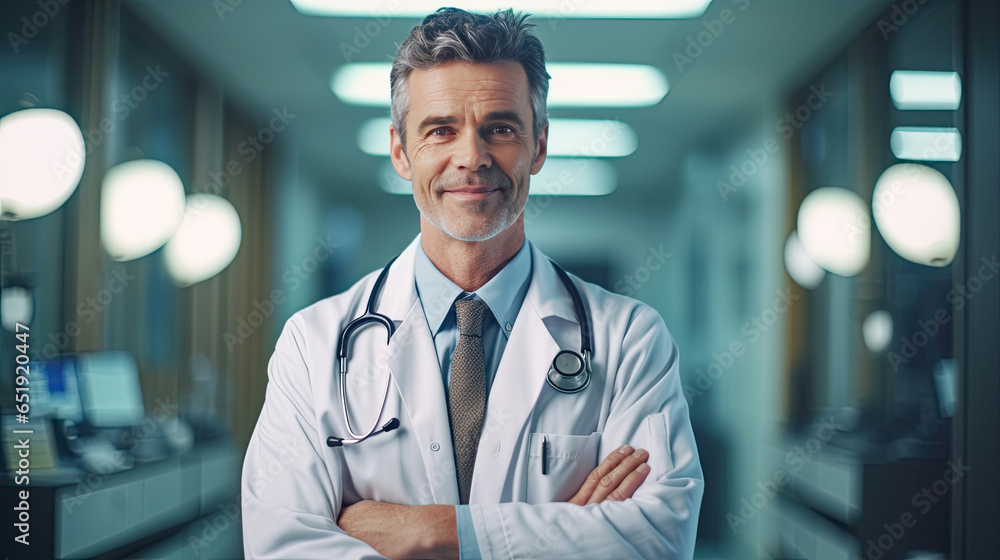 Portrait of A smiling doctor standing with arms crossed in hospital corridor. Generative Ai