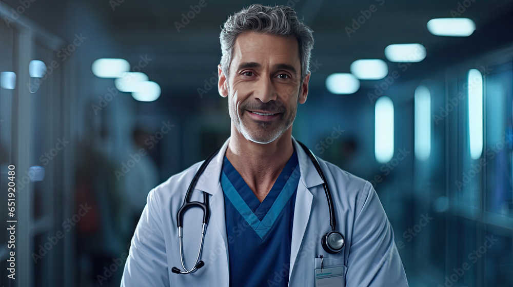 Portrait of A smiling doctor standing with arms crossed in hospital corridor. Generative Ai