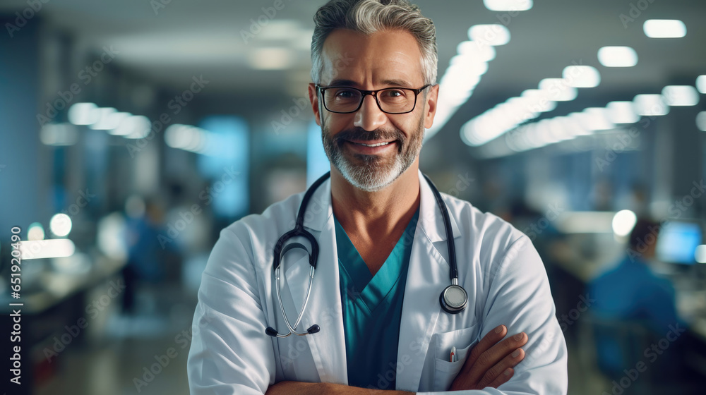 Portrait of A smiling doctor standing with arms crossed in hospital corridor. Generative Ai