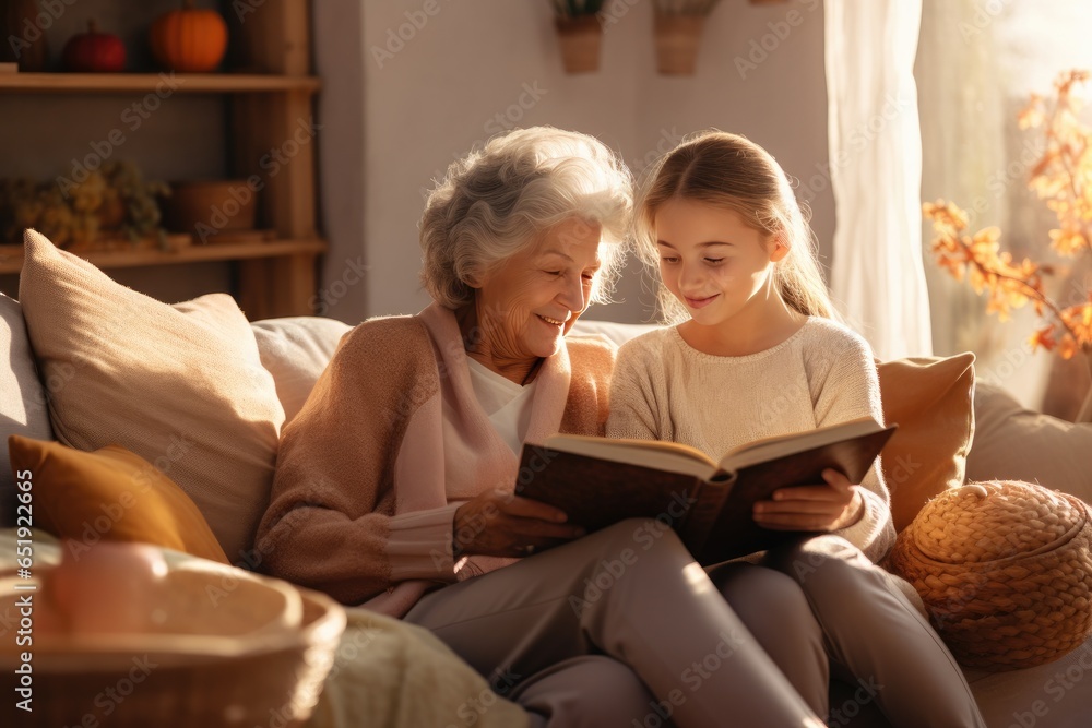 Grandmother and granddaughter share a happy moment at home, reading a book together on the sofa.