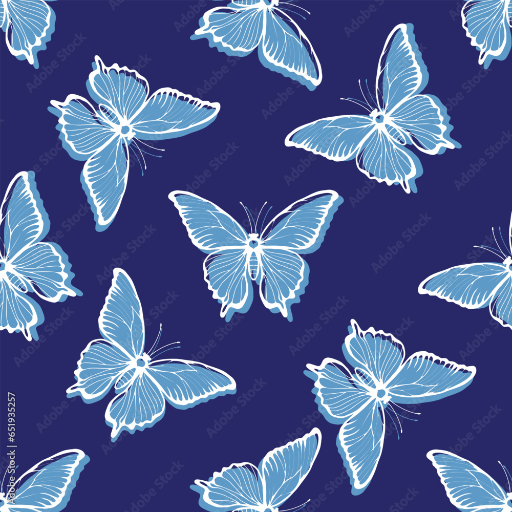 Golden blue butterflies on a gray background. Seamless pattern of moths.