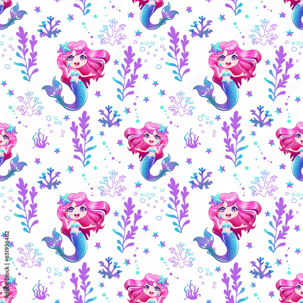 Seamless pattern with cute mermaid with pink hair and seaweed.