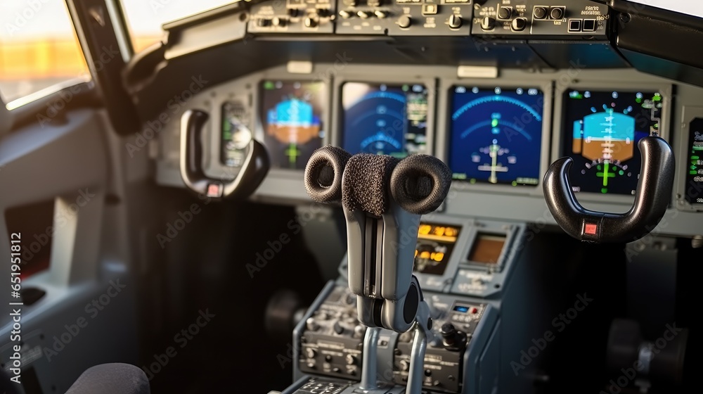 Controls and dashboards in the cockpit of an aircraft.