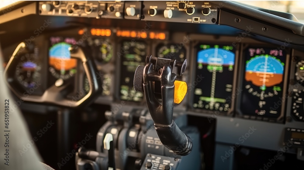 Controls and dashboards in the cockpit of an aircraft.