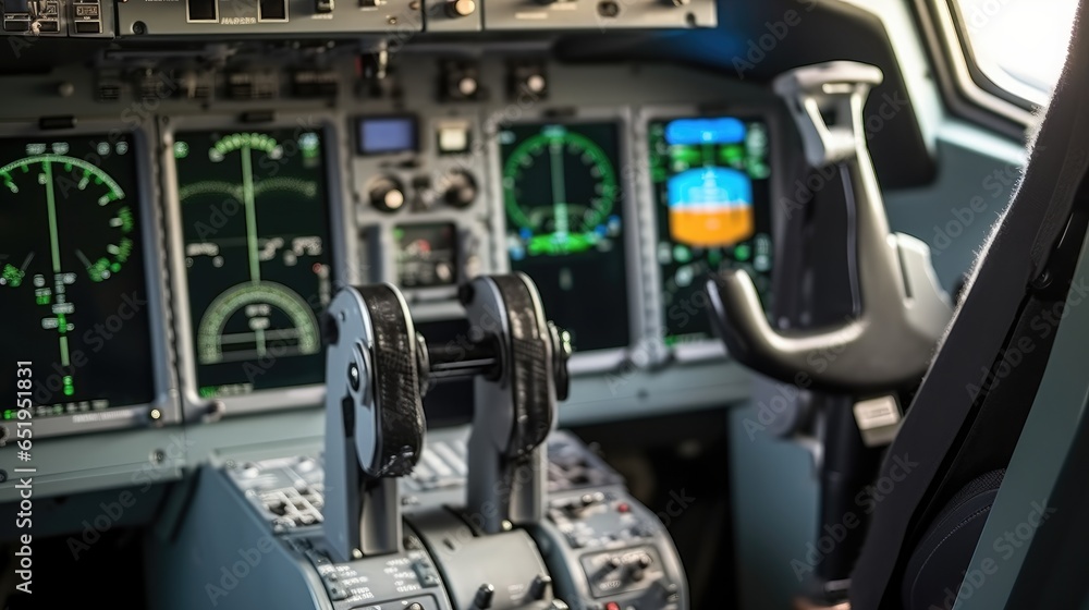 Controls and dashboards in the cockpit of an aircraft.