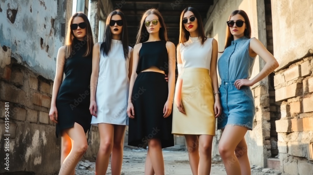 Young beautiful girls posing against the backdrop of an abandoned building.