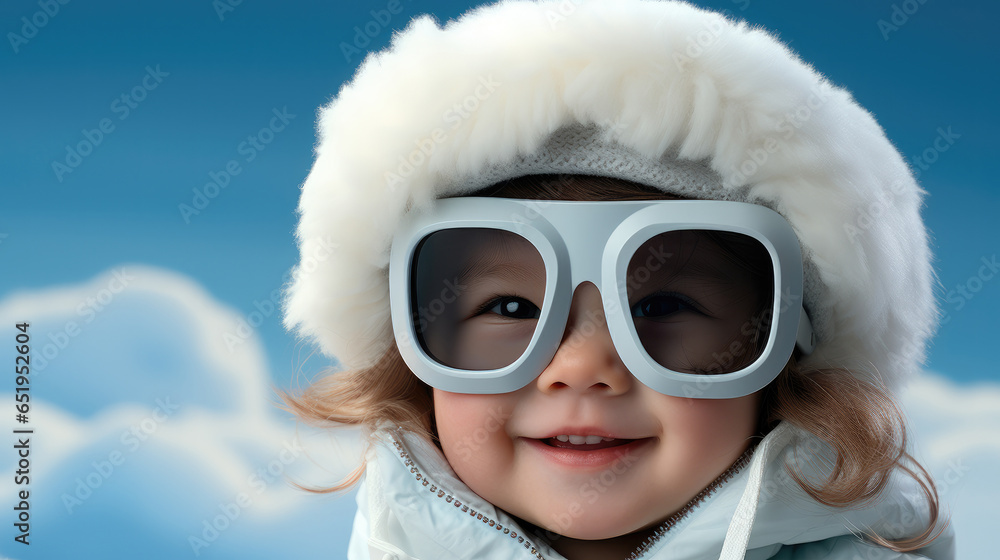 Cute baby wearing big ski glasses isolated on pastel blue background.