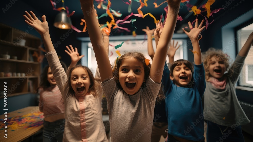 Group of kids dancing in the classroom celebrating having confetti.