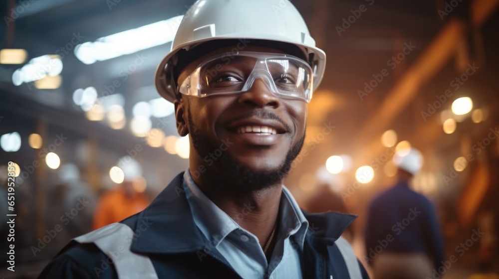 African American Industrial Specialist Standing in a Metal Construction Manufacture.