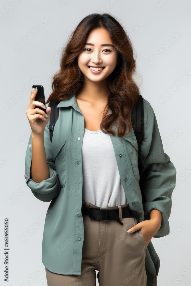 Portrait of Asian woman smiling ready to travel on white background, Cheerful.