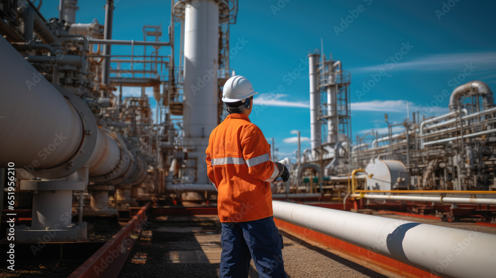 Engineer doing inspection steel long pipes and pipe elbow in station oil factory during refinery valve of visual check record pipeline oil.