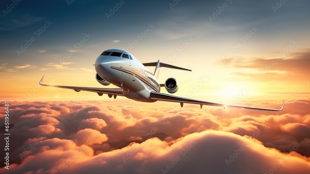 Private jet flying on blue sky with white clouds at background, Business Travel Concept.