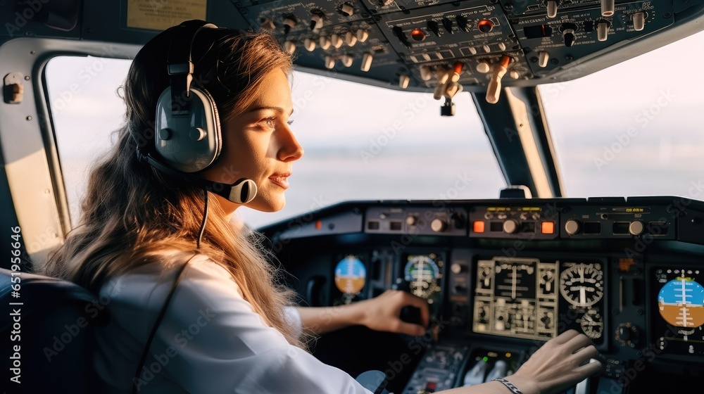 Portrait of Female Pilots sitting at the Cockpit.