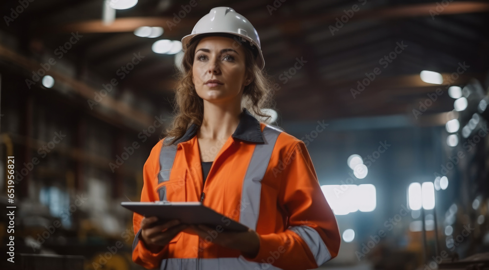 Engineer female doing inspection and working in a metal manufacture warehouse.