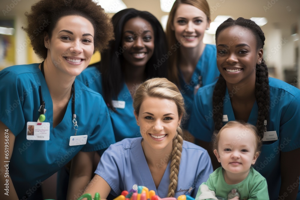 Several Healthcare and Childcare Professionals at health care center.