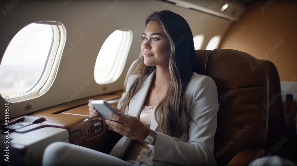 Business woman sitting on a private airplane.