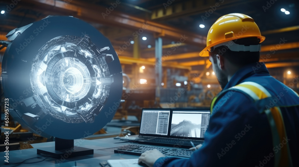 Industrial engineer works on the personal computer designing turbine or engine in 3D Using CAD Program, Inside the Heavy Industry Factory