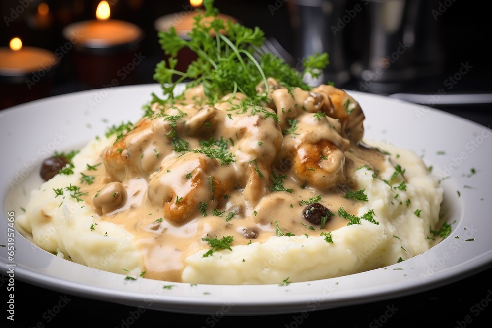 Small chunks of chicken in a white sauce on a plate with a pile of mashed potato.