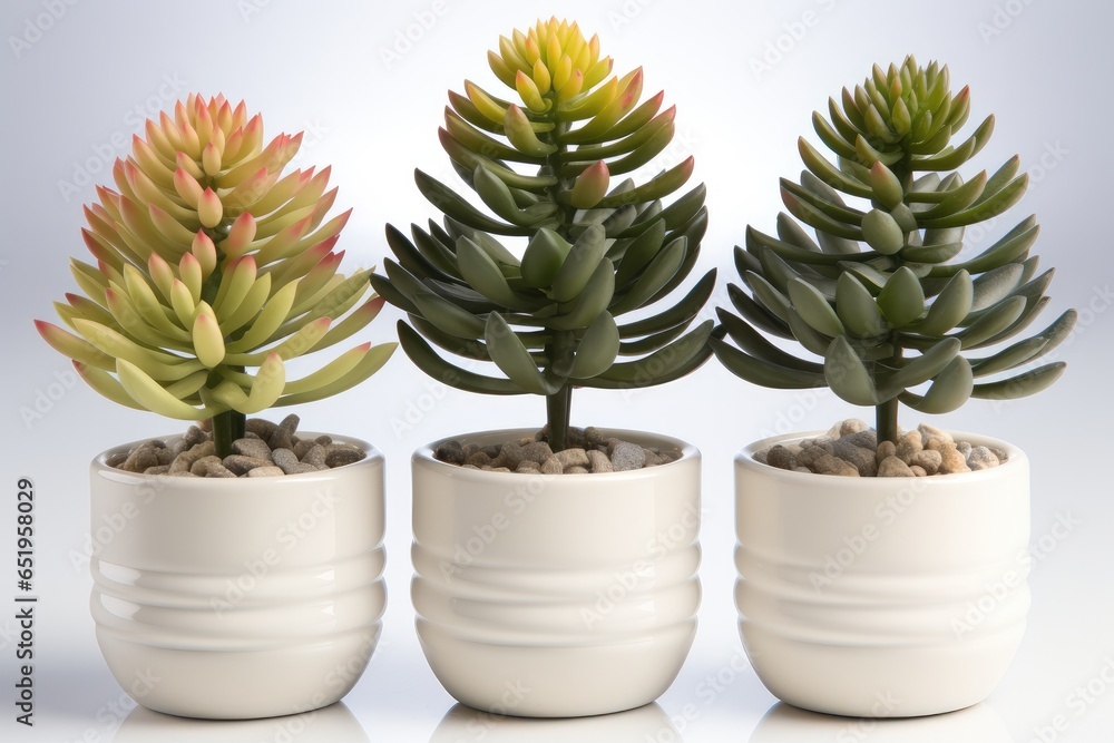 Three succulent plants in white pots on white background.