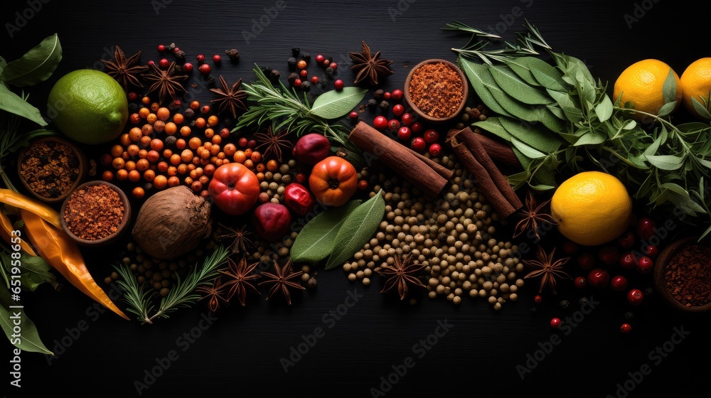 Wide variety of spices and herbs on black table background with empty space for text or label, Top view.