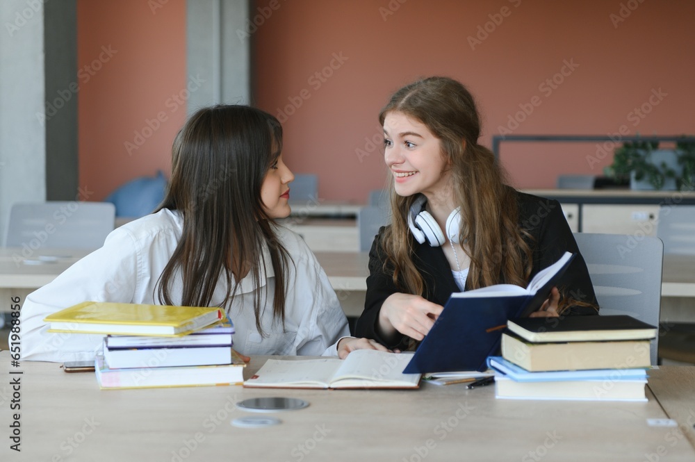 Two schoolgirl friends study together. They sit at their desks and perform tasks.