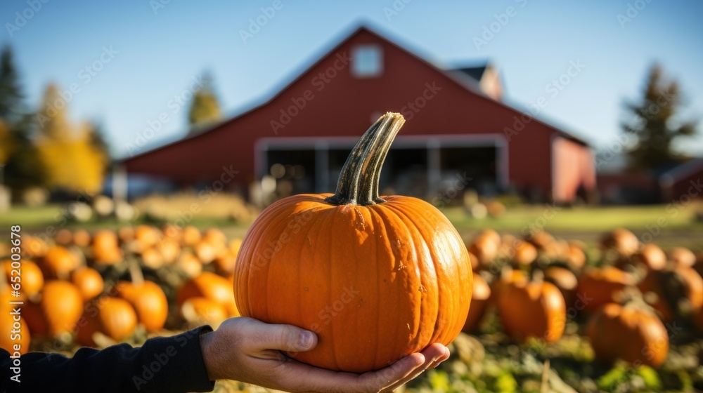 Woman holding pumpkin in front of barn