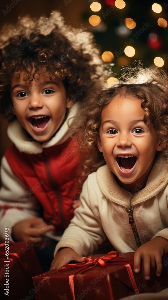 Excited children opening their presents on Christmas morning