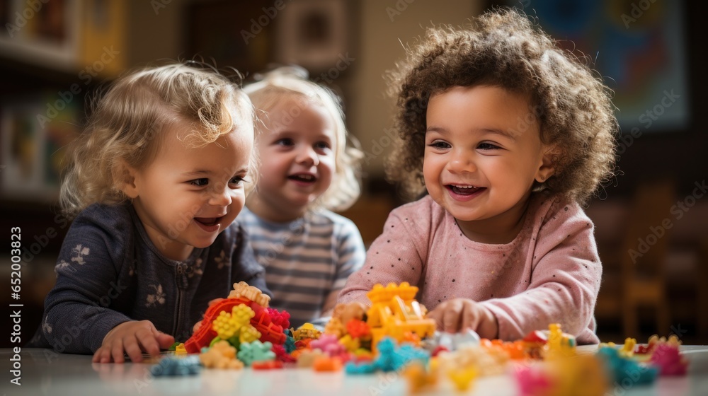 Excited children playing with toys in classroom