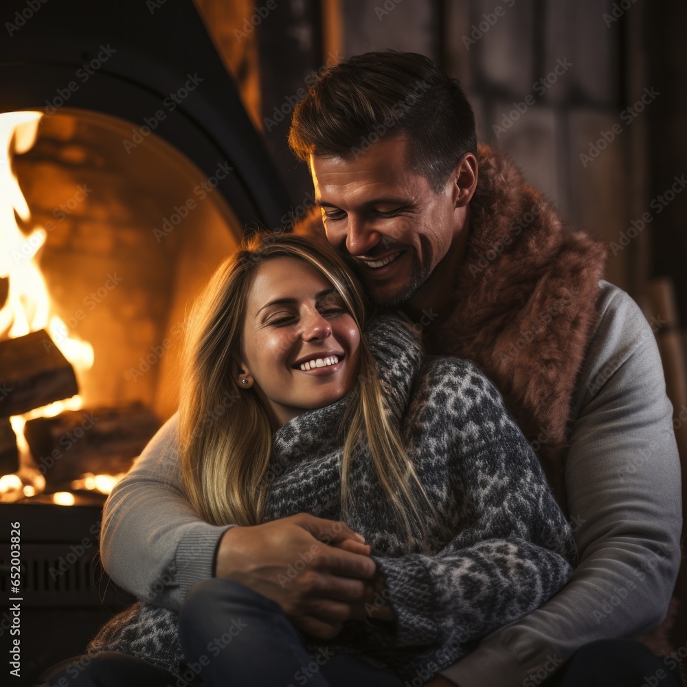 Couple cuddling by a cozy fireplace