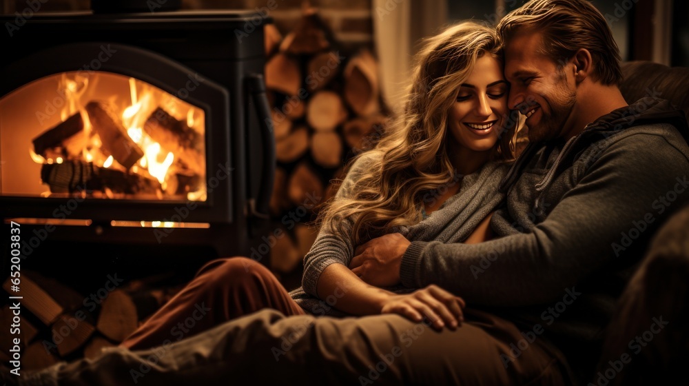 Couple cuddling by a cozy fireplace