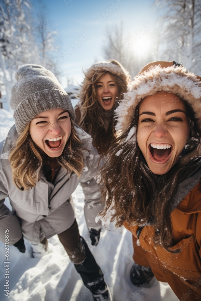 Excited friends playing in the snow